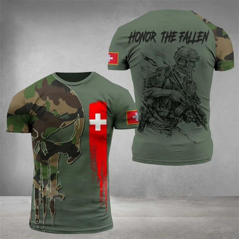T-shirt à manches courtes CamSolomon pour homme, vêtements College avec emblème national suisse, tee-shirts camouflage de soldat, forêt suisse, Y-3D
