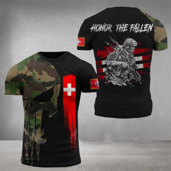 T-shirt à manches courtes CamSolomon pour homme, vêtements College avec emblème national suisse, tee-shirts camouflage de soldat, forêt suisse, Y-3D – Image 2