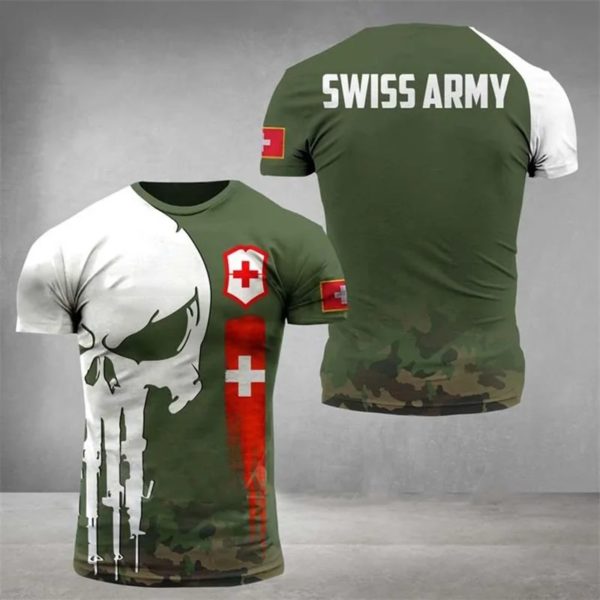 T-shirt à manches courtes CamSolomon pour homme, vêtements College avec emblème national suisse, tee-shirts camouflage de soldat, forêt suisse, Y-3D – Image 3
