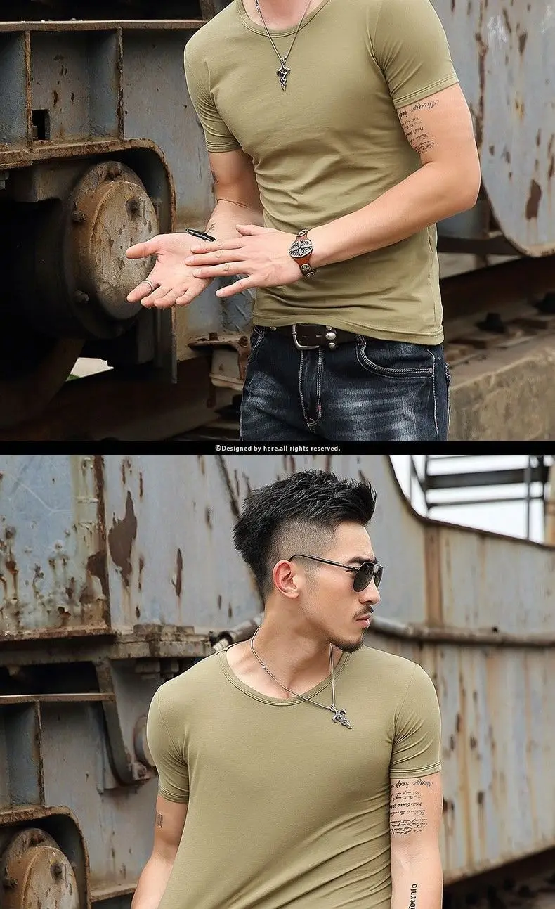 T-shirt à manches courtes pour homme, t-shirt de sport, haut extensible, coupe couvertes, lisse, vert armée, original, confortable