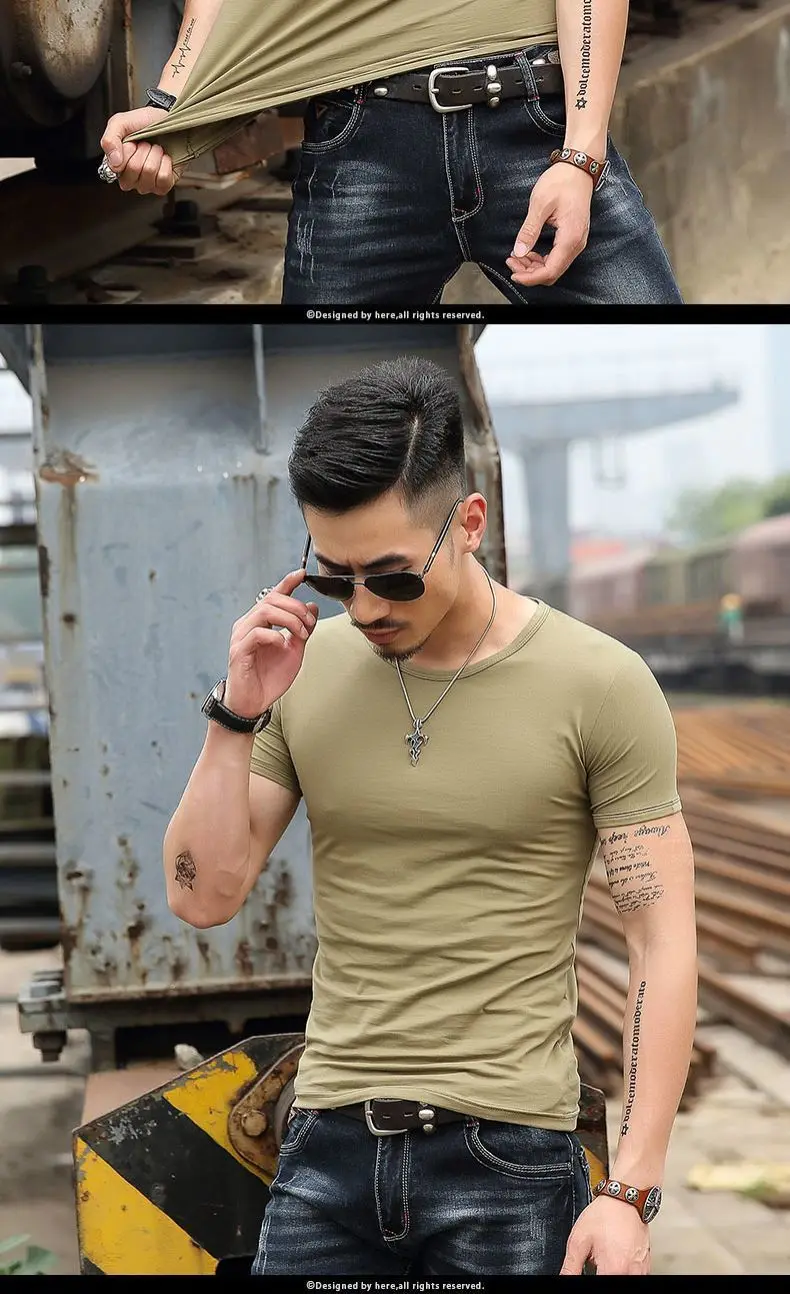 T-shirt à manches courtes pour homme, t-shirt de sport, haut extensible, coupe couvertes, lisse, vert armée, original, confortable