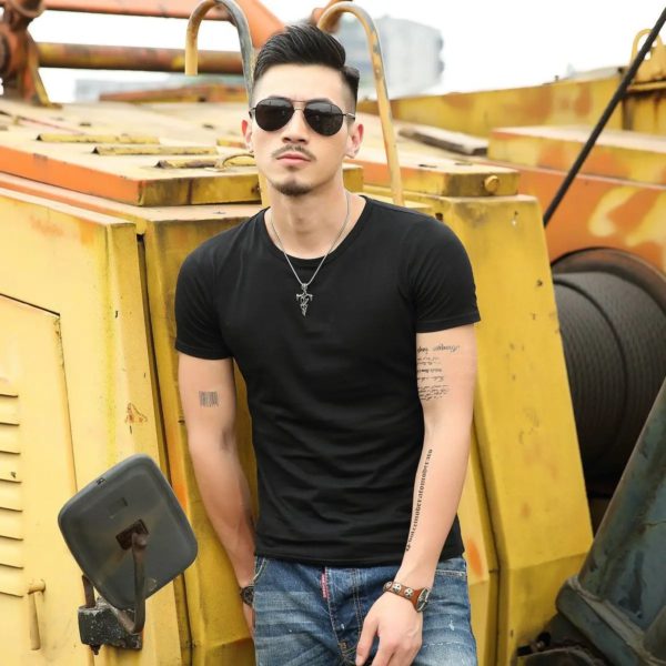 T-shirt à manches courtes pour homme, t-shirt de sport, haut extensible, coupe couvertes, lisse, vert armée, original, confortable – Image 4