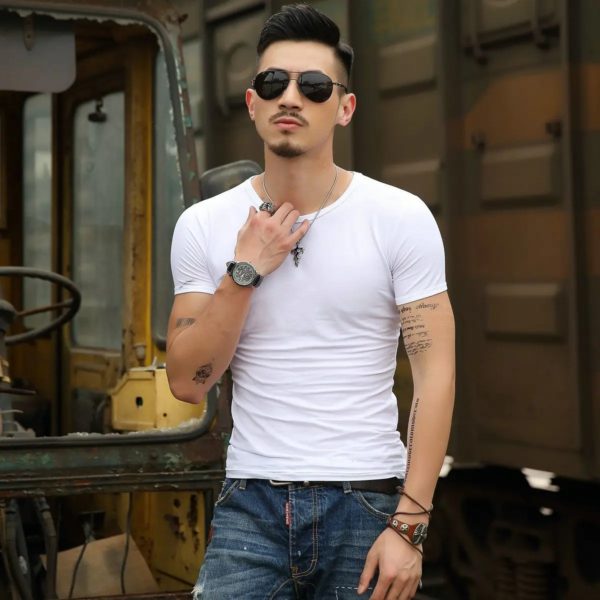 T-shirt à manches courtes pour homme, t-shirt de sport, haut extensible, coupe couvertes, lisse, vert armée, original, confortable – Image 3