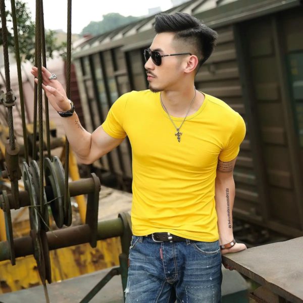 T-shirt à manches courtes pour homme, t-shirt de sport, haut extensible, coupe couvertes, lisse, vert armée, original, confortable – Image 2
