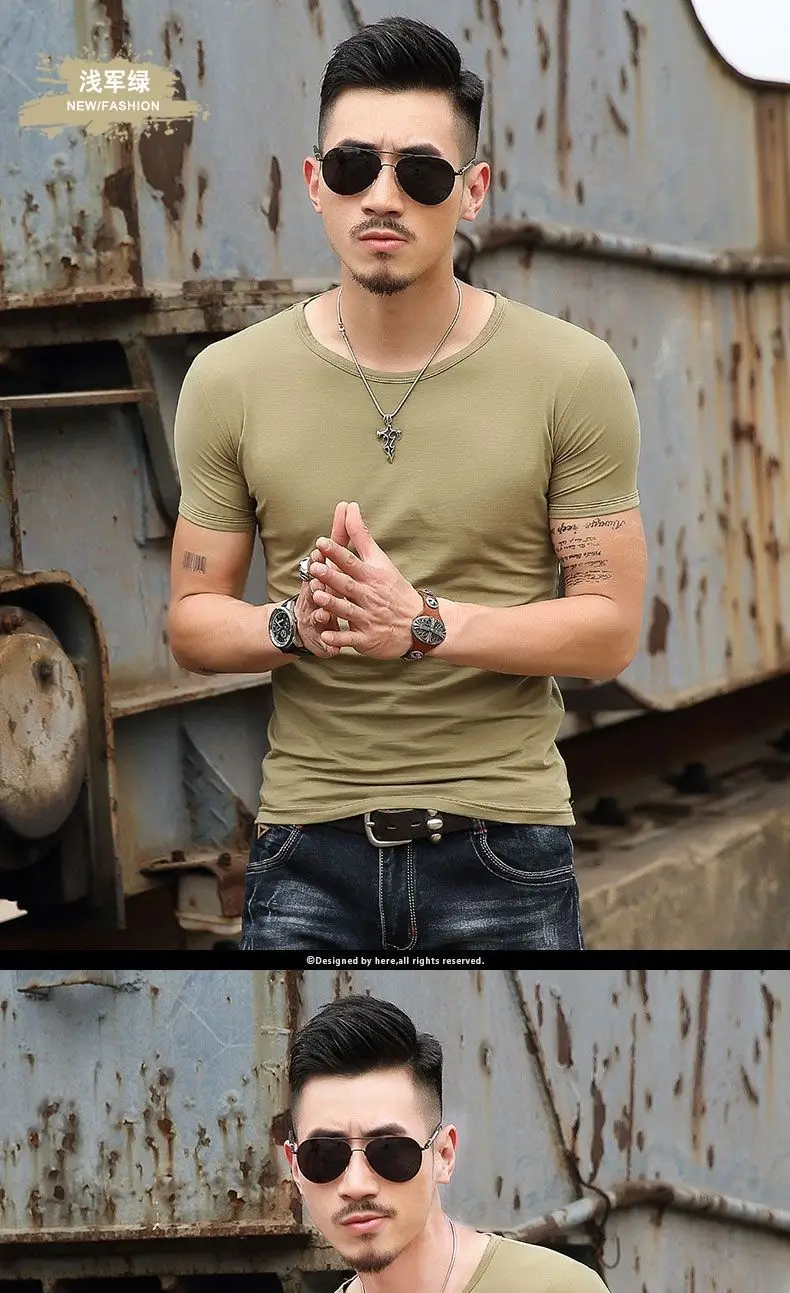 T-shirt à manches courtes pour homme, t-shirt de sport, haut extensible, coupe couvertes, lisse, vert armée, original, confortable