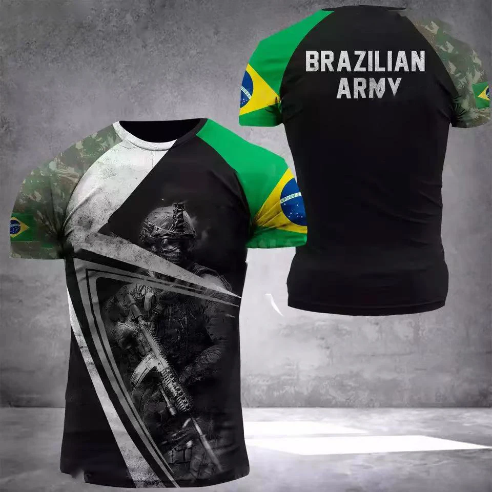 T-Shirt militaire à manches courtes et col rond pour homme, vêtement de grande taille, style de rue, style armée brésilienne, été