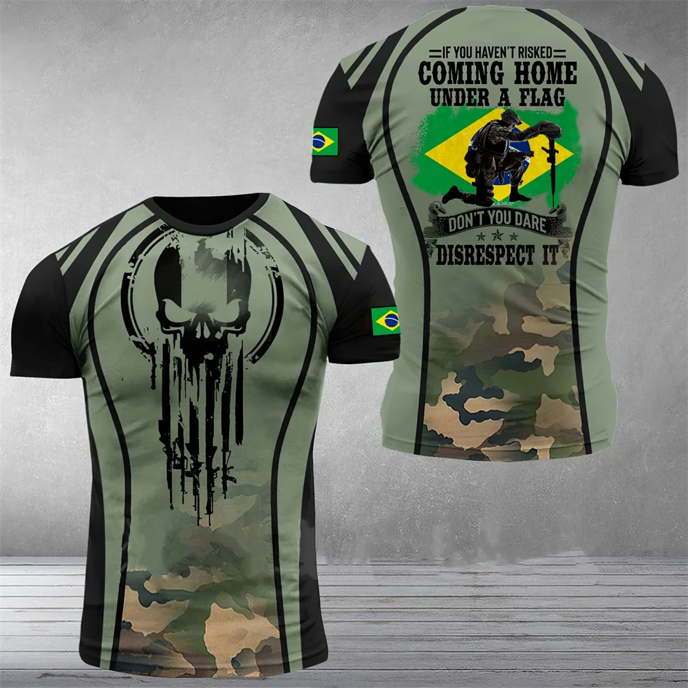 T-Shirt militaire à manches courtes et col rond pour homme, vêtement de grande taille, style de rue, style armée brésilienne, été