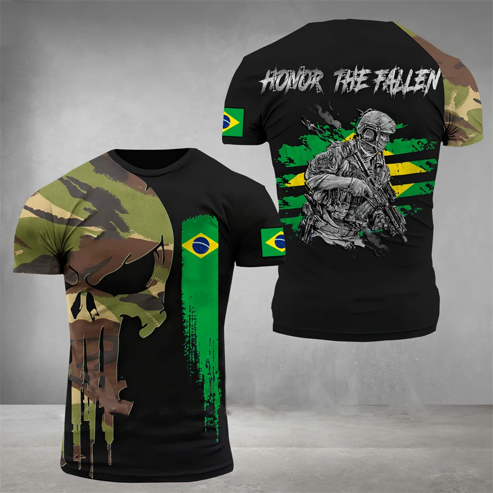 T-Shirt militaire à manches courtes et col rond pour homme, vêtement de grande taille, style de rue, style armée brésilienne, été