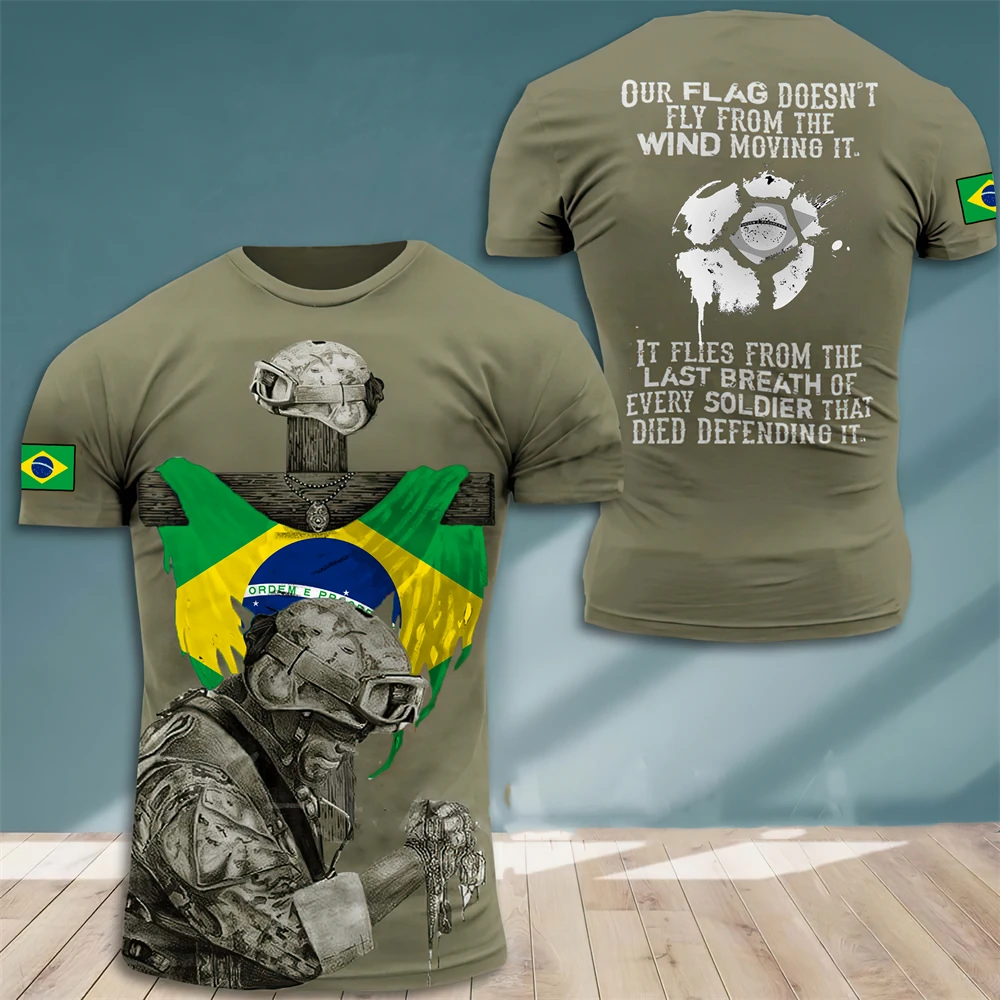 T-Shirt militaire à manches courtes et col rond pour homme, vêtement de grande taille, style de rue, style armée brésilienne, été