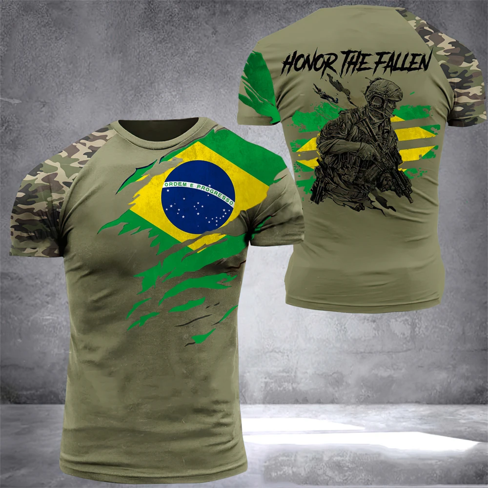 T-Shirt militaire à manches courtes et col rond pour homme, vêtement de grande taille, style de rue, style armée brésilienne, été