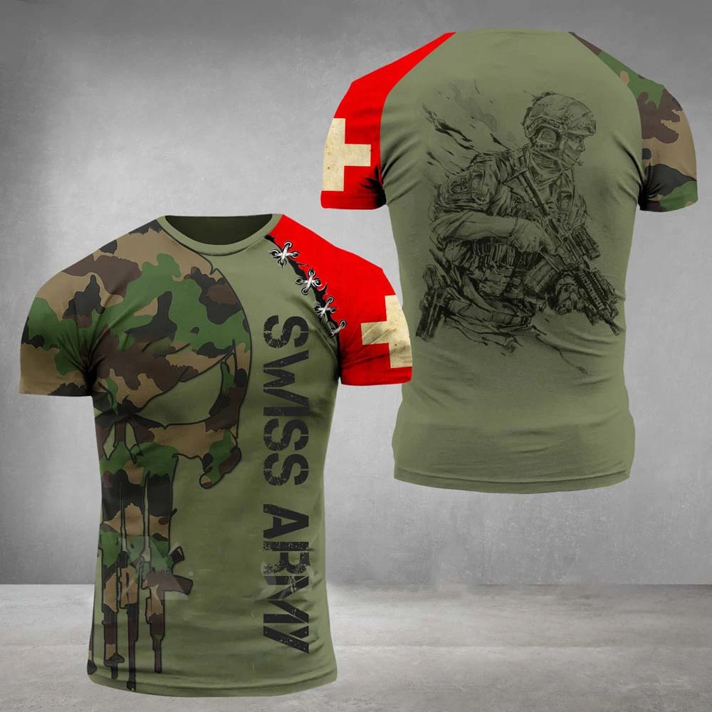 T-shirt de l'armée suisse pour hommes, col rond, manches courtes, chemise imprimée pour anciens combattants, t-shirts en Y décontractés, été
