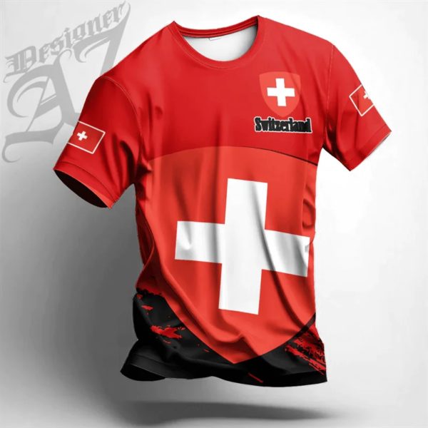 Économie sportifs décontractés pour hommes, vêtements de plein air, sensation d'emblème national de la Suisse, impression 3D, t-shirt cool, t-shirts à col Y – Image 6