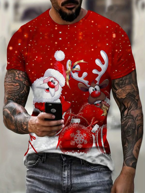 T-shirt à manches courtes imprimé 3D Elk pour hommes, chemise à col rond, rue de la fête, vêtements de Noël, rouge, festif, Y2K – Image 2