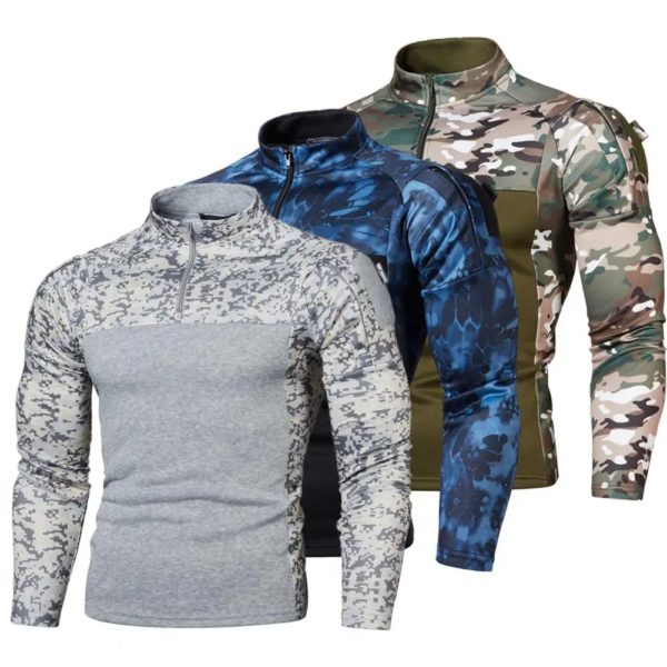 Pull à col montant camouflage militaire pour homme, t-shirt patchwork PVD, demi-fermeture éclair, armée, Duly-Camping Hunter, manches longues
