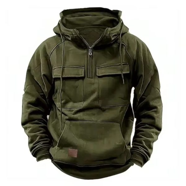 Veste à Capuche pour Homme, Demi Fermeture Éclair, Solide, Chaud, Sourire, Militaire, PVD, Multi-Poches, Optique, Extérieur, Polaire – Image 2
