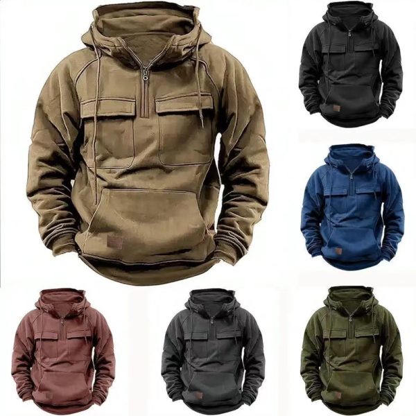 Veste à Capuche pour Homme, Demi Fermeture Éclair, Solide, Chaud, Sourire, Militaire, PVD, Multi-Poches, Optique, Extérieur, Polaire
