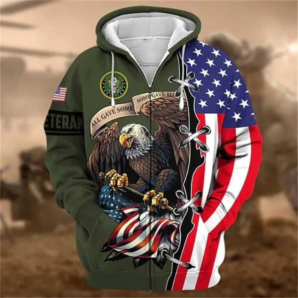Sweat à capuche zippé imprimé US ARMY pour hommes, haut vintage PVD, graphique militaire vétéran américain, mode cool pour enfants, nouveau, 3D – Image 3