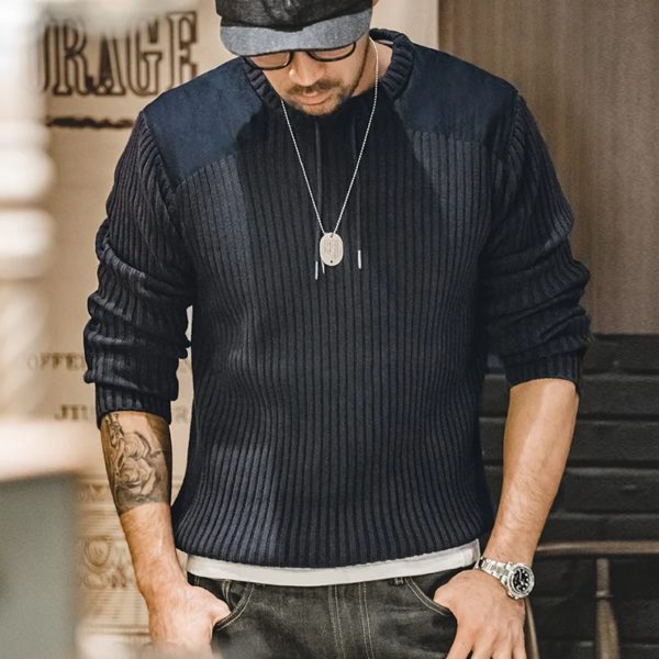 Maden-Pull vintage à rayures verticales pour homme, col rond, pull slim en tricot, tricots bleu marine, automne et hiver 2023