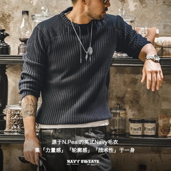 Maden-Pull vintage à rayures verticales pour homme, col rond, pull slim en tricot, tricots bleu marine, automne et hiver 2023 – Image 2