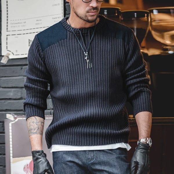 Maden-Pull vintage à rayures verticales pour homme, col rond, pull slim en tricot, tricots bleu marine, automne et hiver 2023 – Image 3