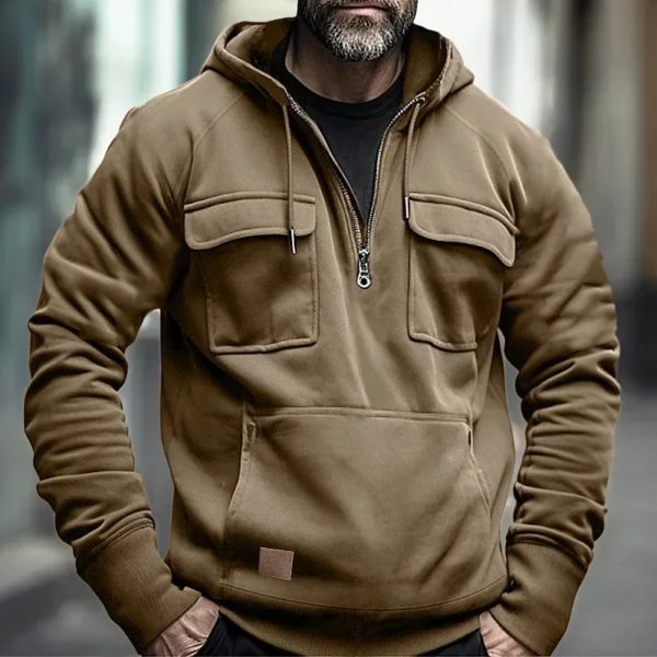 Veste à Capuche Homme, Demi-Fermeture Éclair, Solide, Chaud, Sourire, Militaire, PVD, Multi Poches, Optique, Extérieur, Polaire – Image 2
