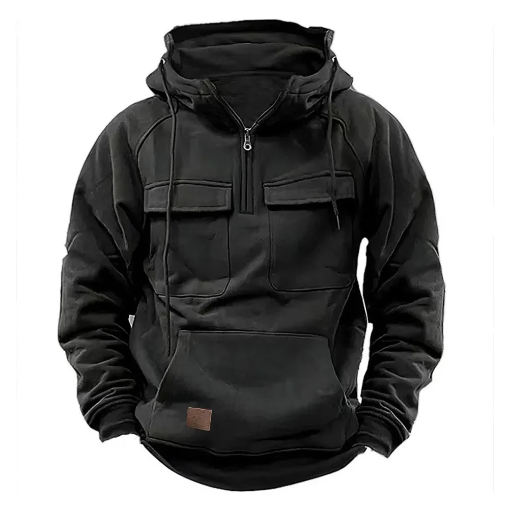 Veste à Capuche Homme, Demi-Fermeture Éclair, Solide, Chaud, Sourire, Militaire, PVD, Multi Poches, Optique, Extérieur, Polaire