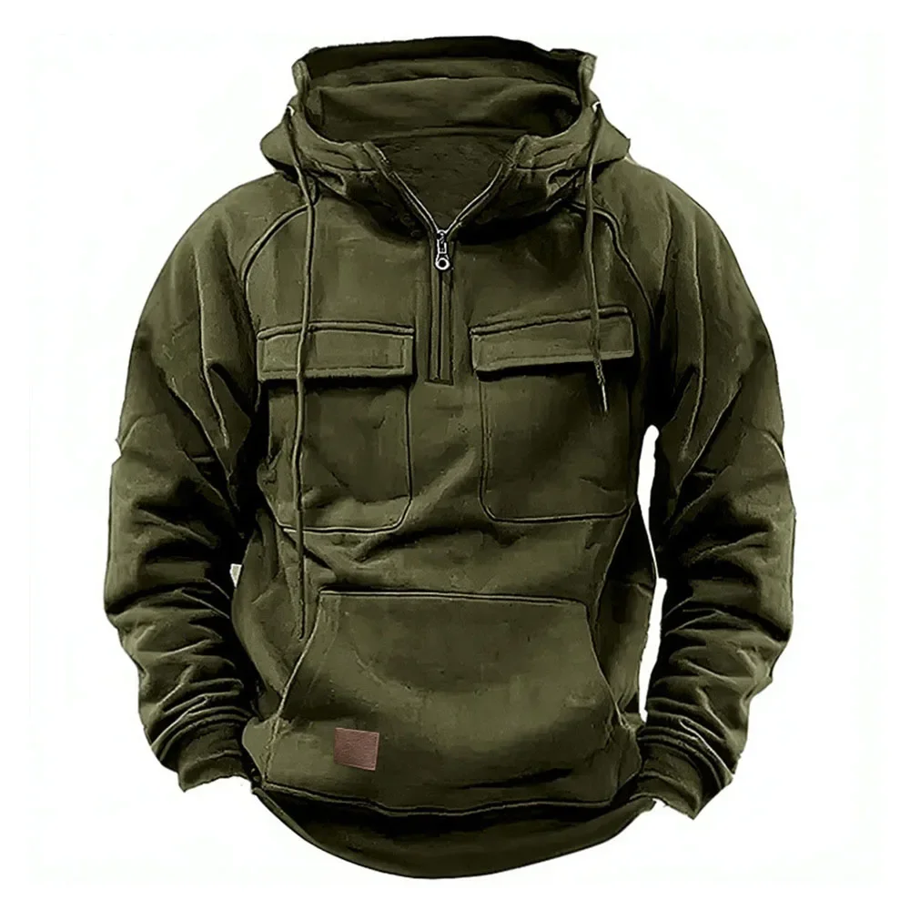 Veste à Capuche Homme, Demi-Fermeture Éclair, Solide, Chaud, Sourire, Militaire, PVD, Multi Poches, Optique, Extérieur, Polaire