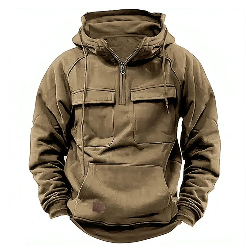 Veste à Capuche Homme, Demi-Fermeture Éclair, Solide, Chaud, Sourire, Militaire, PVD, Multi Poches, Optique, Extérieur, Polaire