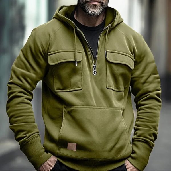 Veste à Capuche Homme, Demi-Fermeture Éclair, Solide, Chaud, Sourire, Militaire, PVD, Multi Poches, Optique, Extérieur, Polaire – Image 2