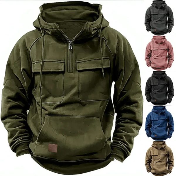Veste à Capuche Homme, Demi-Fermeture Éclair, Solide, Chaud, Sourire, Militaire, PVD, Multi Poches, Optique, Extérieur, Polaire – Image 3