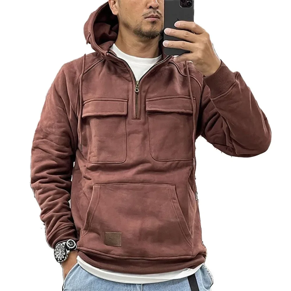 Veste à Capuche Homme, Demi-Fermeture Éclair, Solide, Chaud, Sourire, Militaire, PVD, Multi Poches, Optique, Extérieur, Polaire