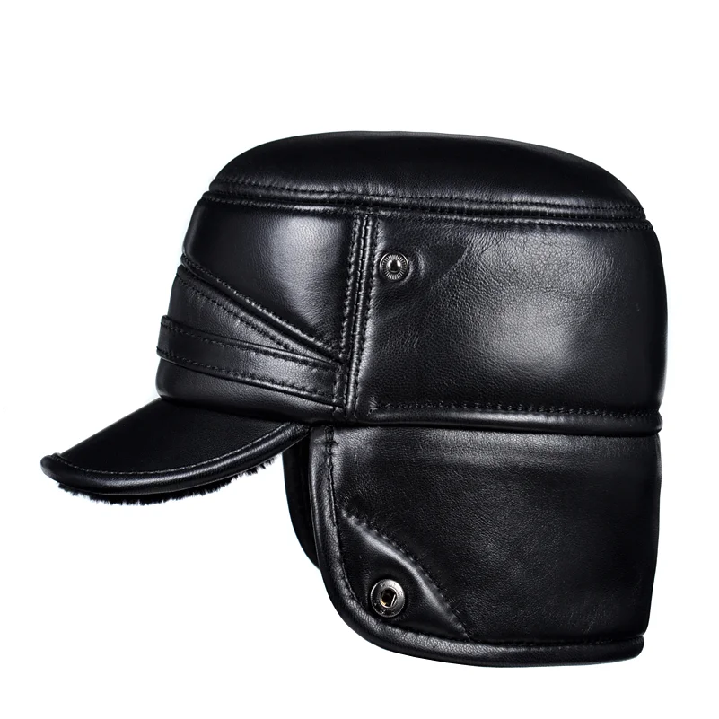 Chapeau militaire en cuir de mouton véritable pour hommes et femmes, optique d'hiver, chaud, cache-oreilles, casquette plate, chapeaux en velours, mode