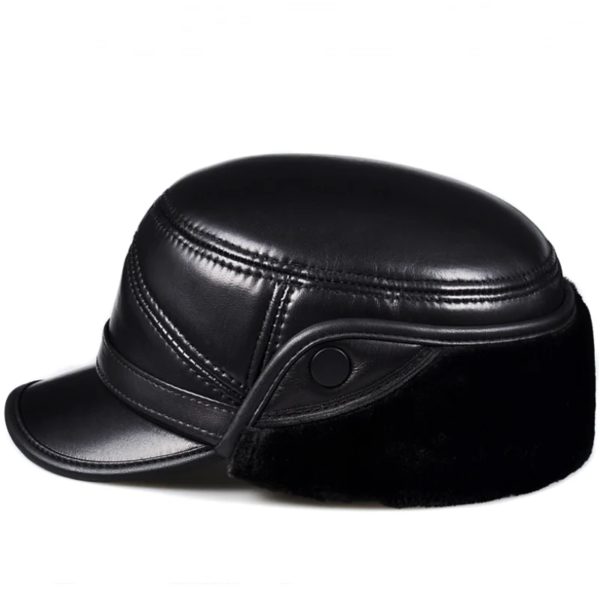 Chapeau militaire en cuir de mouton véritable pour hommes et femmes, optique d'hiver, chaud, cache-oreilles, casquette plate, chapeaux en velours, mode – Image 4
