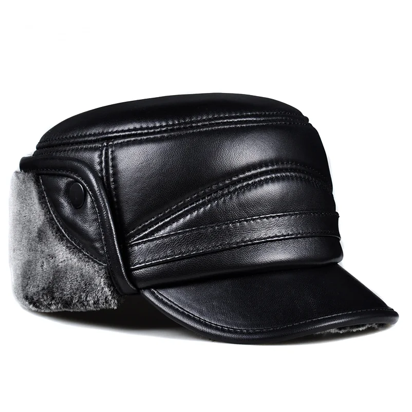 Chapeau militaire en cuir de mouton véritable pour hommes et femmes, optique d'hiver, chaud, cache-oreilles, casquette plate, chapeaux en velours, mode