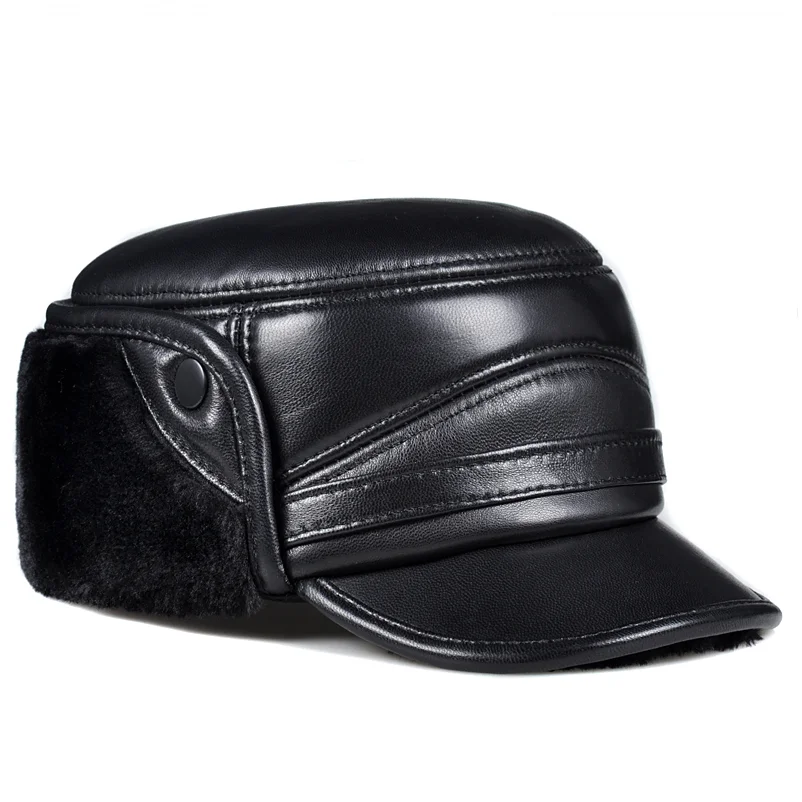 Chapeau militaire en cuir de mouton véritable pour hommes et femmes, optique d'hiver, chaud, cache-oreilles, casquette plate, chapeaux en velours, mode