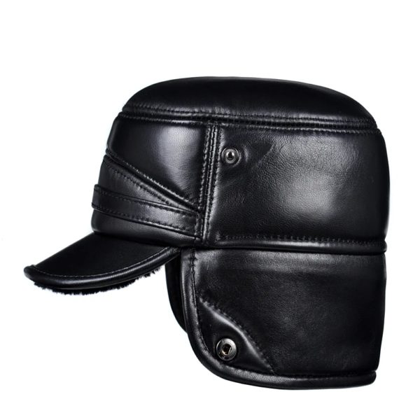 Chapeau militaire en cuir de mouton véritable pour hommes et femmes, optique d'hiver, chaud, cache-oreilles, casquette plate, chapeaux en velours, mode – Image 5