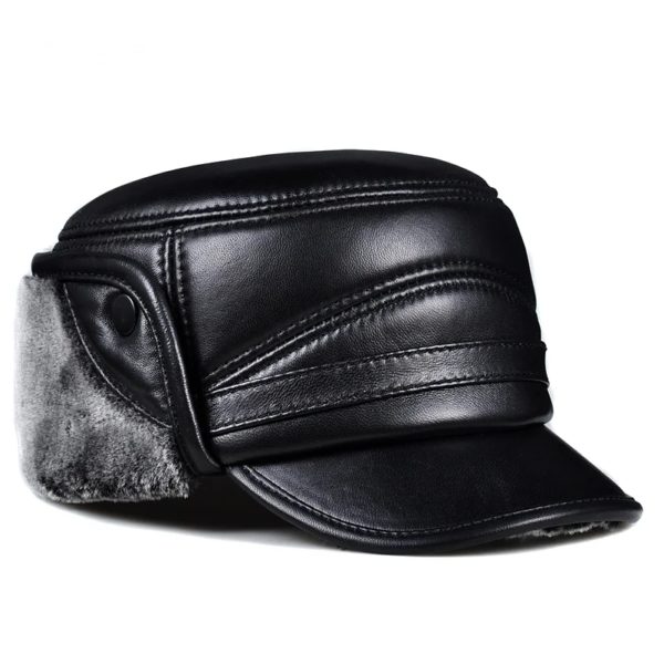 Chapeau militaire en cuir de mouton véritable pour hommes et femmes, optique d'hiver, chaud, cache-oreilles, casquette plate, chapeaux en velours, mode – Image 3