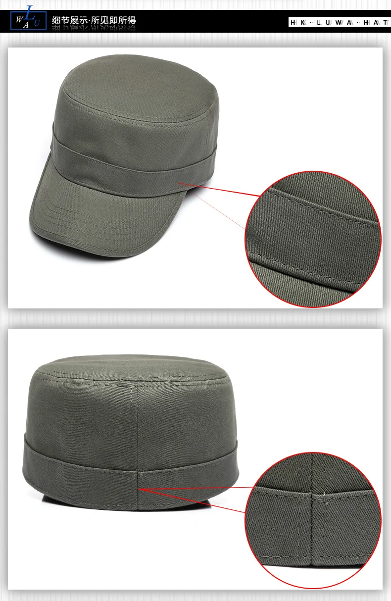 Casquette de baseball en coton pour adultes, casquette militaire rigide à dos fermé, grande tête, casquette militaire plate, 56cm 58cm 60cm