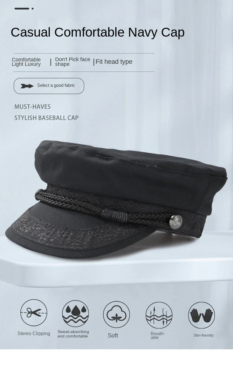 Chapeau Militaire en Coton Rétro pour Homme, Casquette Marine Unisexe, Haut pio, Marin, Capitaine, Noir, Bateau, Mode, Automne, Grande Taille, 62cm