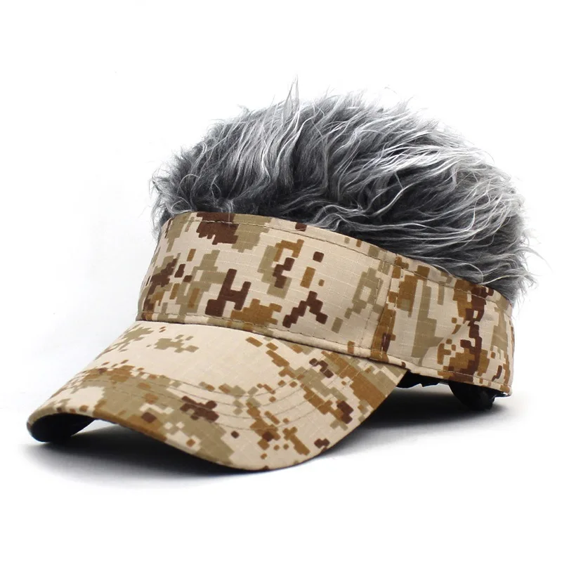 CamSolomon-Casquette de Baseball Synthétique à Cheveux Courts, Visière de dehors, Ombrelle Jungle Vert Armée, Chapeau de Soleil, Perruque à Poils Pointus