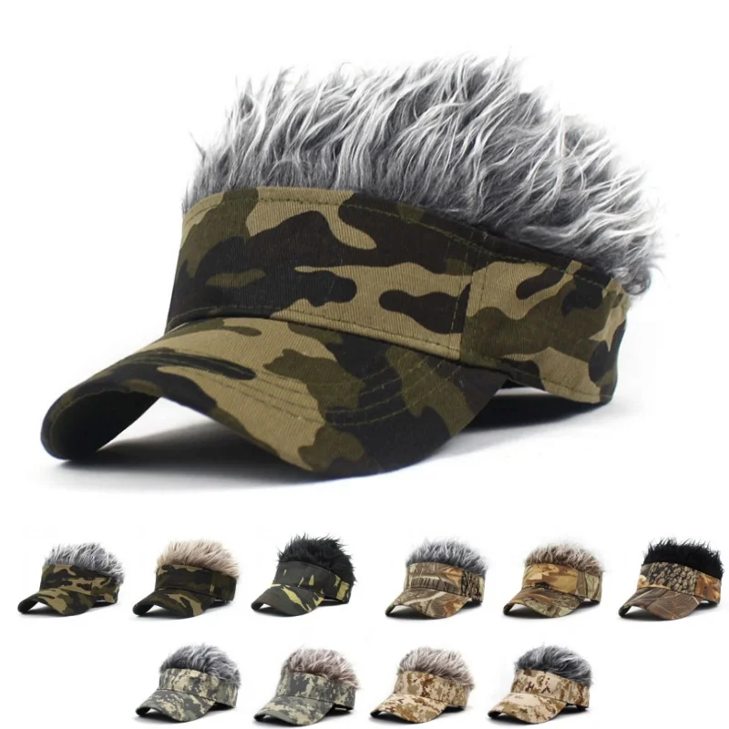 CamSolomon-Casquette de Baseball Synthétique à Cheveux Courts, Visière de dehors, Ombrelle Jungle Vert Armée, Chapeau de Soleil, Perruque à Poils Pointus
