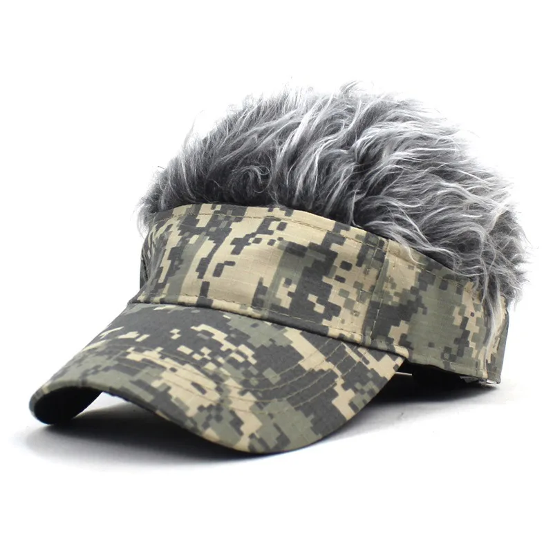 CamSolomon-Casquette de Baseball Synthétique à Cheveux Courts, Visière de dehors, Ombrelle Jungle Vert Armée, Chapeau de Soleil, Perruque à Poils Pointus