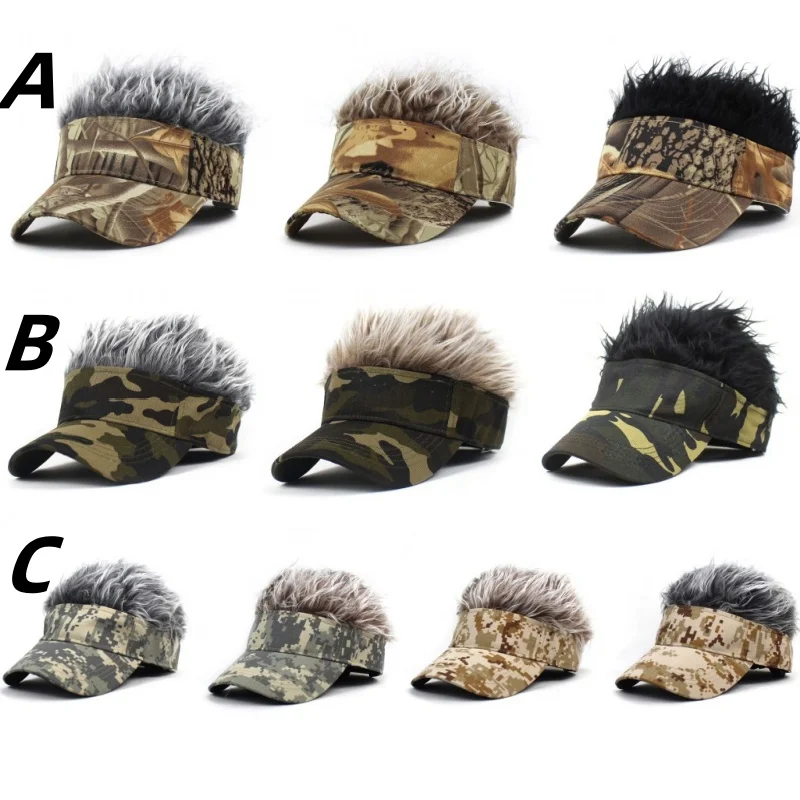 CamSolomon-Casquette de Baseball Synthétique à Cheveux Courts, Visière de dehors, Ombrelle Jungle Vert Armée, Chapeau de Soleil, Perruque à Poils Pointus