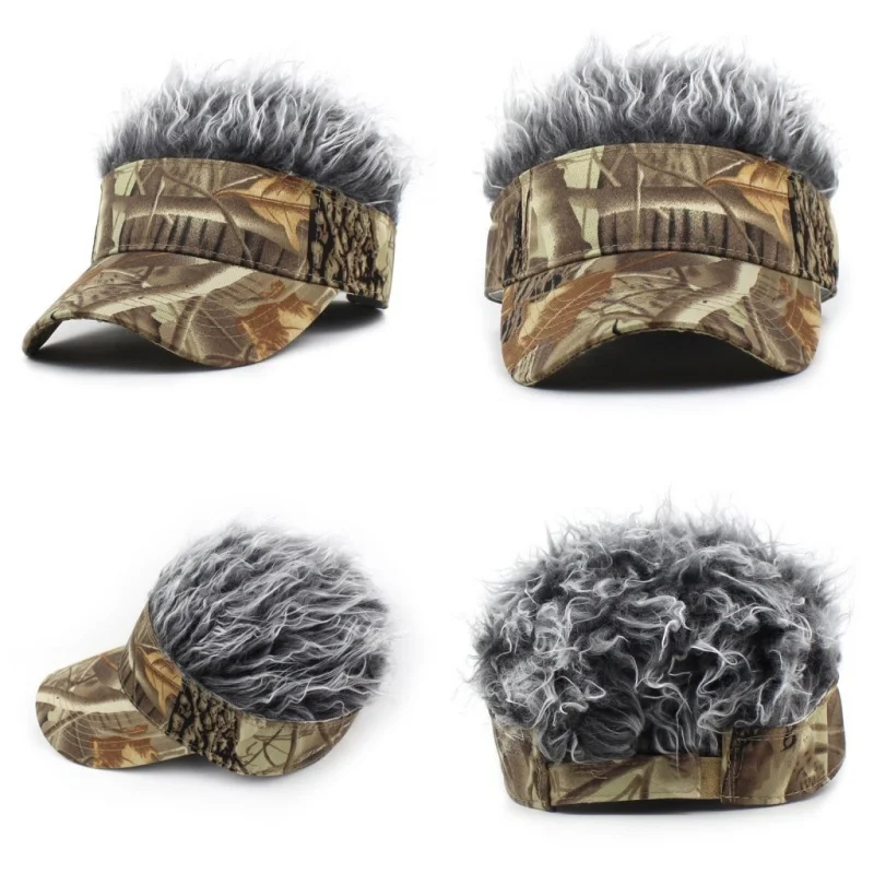 CamSolomon-Casquette de Baseball Synthétique à Cheveux Courts, Visière de dehors, Ombrelle Jungle Vert Armée, Chapeau de Soleil, Perruque à Poils Pointus