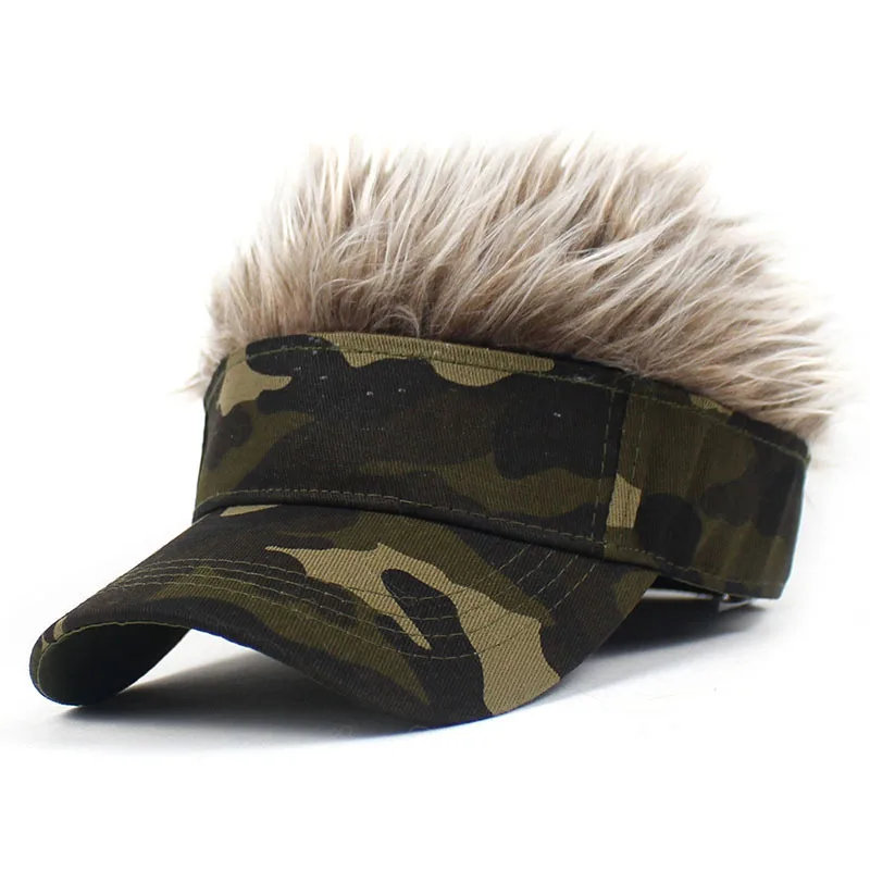 CamSolomon-Casquette de Baseball Synthétique à Cheveux Courts, Visière de dehors, Ombrelle Jungle Vert Armée, Chapeau de Soleil, Perruque à Poils Pointus
