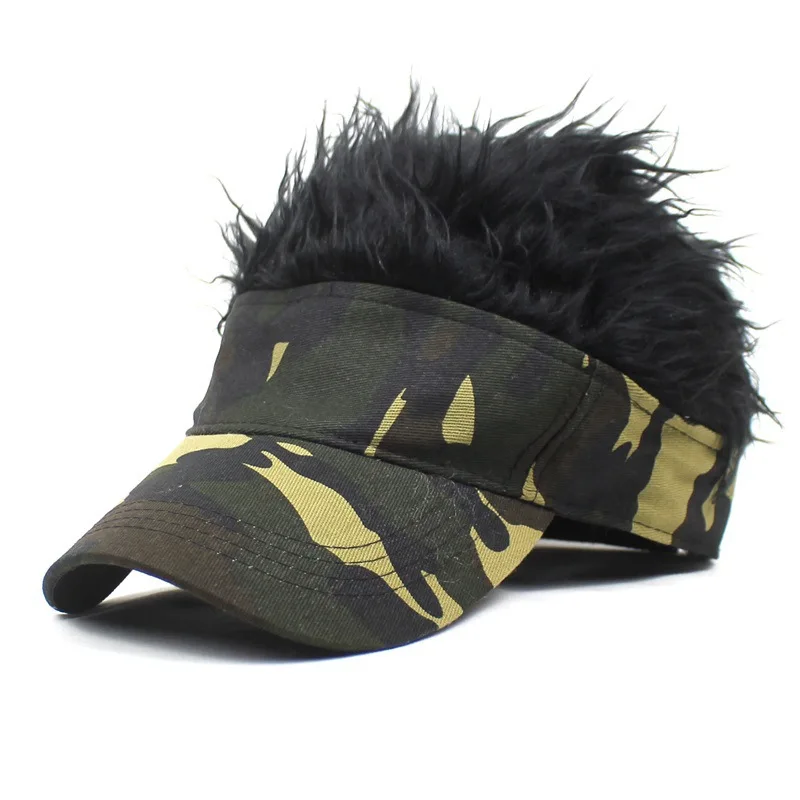 CamSolomon-Casquette de Baseball Synthétique à Cheveux Courts, Visière de dehors, Ombrelle Jungle Vert Armée, Chapeau de Soleil, Perruque à Poils Pointus