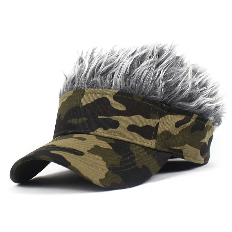 CamSolomon-Casquette de Baseball Synthétique à Cheveux Courts, Visière de dehors, Ombrelle Jungle Vert Armée, Chapeau de Soleil, Perruque à Poils Pointus