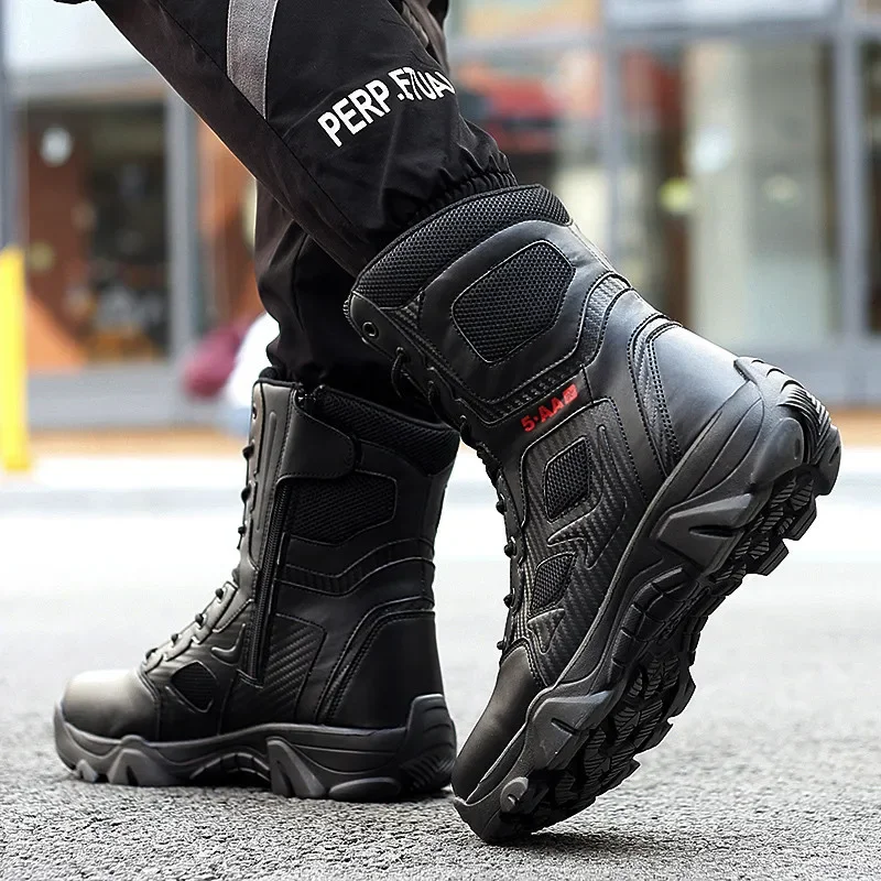 Bottes militaires en cuir pour hommes, chaussures décontractées, bottes de l'armée SWAT, bottes de skip de rinçage de moto, bottes noires, zones bre
