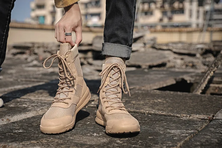 Bottes de randonnée dans le désert respirantes pour hommes, chaussures montantes, escalade en plein air, canadisme, chaussures de l'armée, bottes Dulskip légères, été