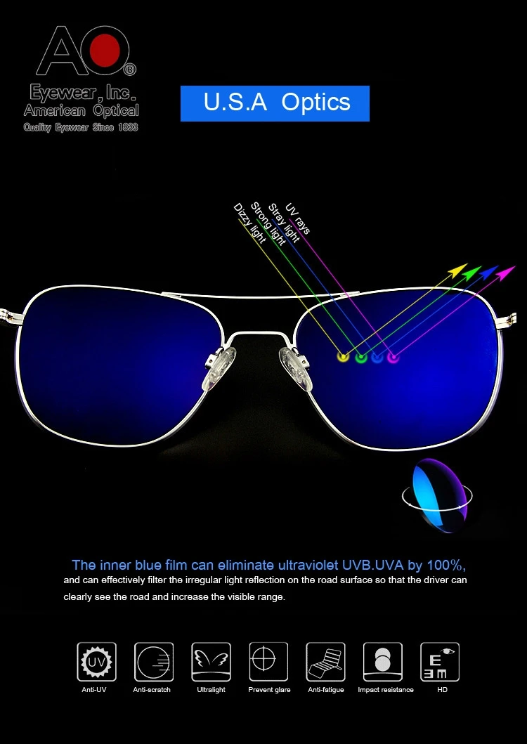 Lunettes de soleil de pilote militaire de l'armée américaine pour hommes, lentille en verre AO, lunettes de soleil de conduite pour hommes, marque de créateur, qualité supérieure, OP55, OP57